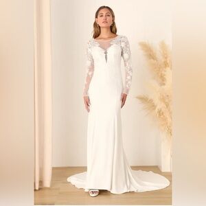 Lulus eternity with you white lace long sleeve mermaid maxi dress Sz S nwt